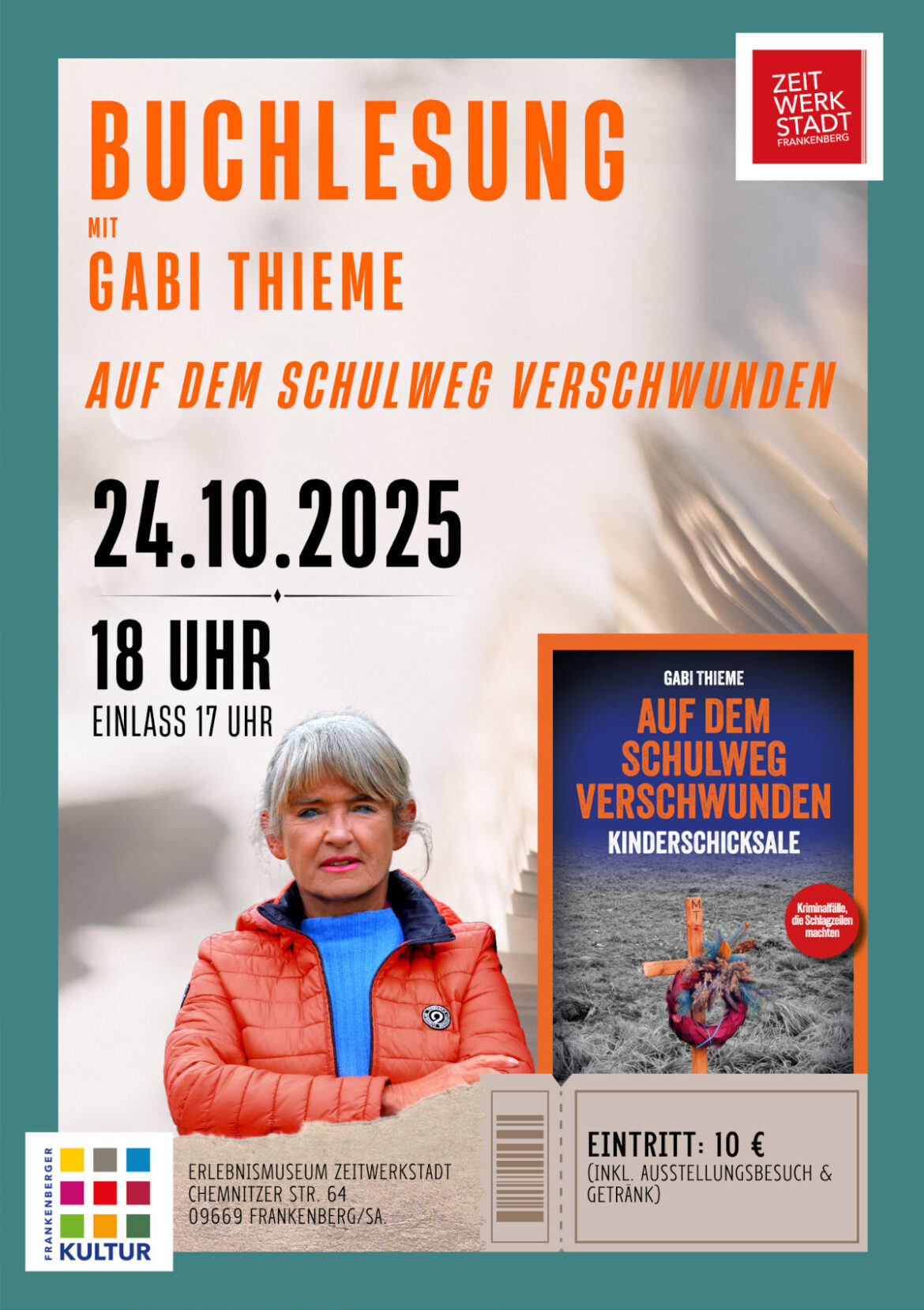 Am Freitag, den 24. Oktober 2025, wird es in der ZeitWerkStadt Frankenberg spannend: Die Chemnitzer Journalistin und Buchautorin Gabi Thieme ist zu Gast und liest ab 18 Uhr aus ihrem dritten True-Crime-Band „Auf dem Schulweg verschwunden“. Der Einlass beginnt um 17 Uhr. Der Eintritt beträgt 10 Euro und beinhaltet neben der Lesung auch den Besuch der Ausstellung sowie ein Getränk.